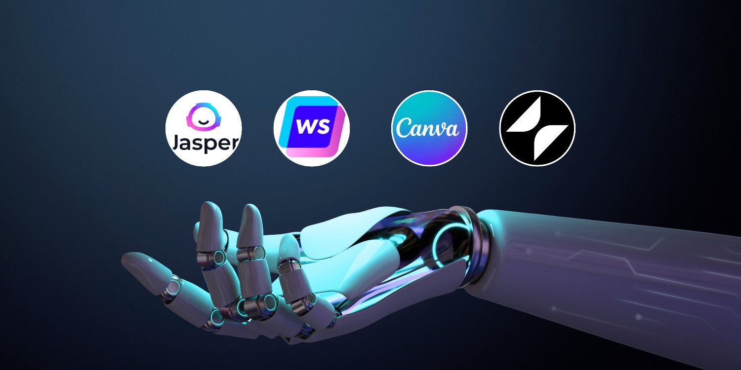 Robotic hand reaching upward with icons of Jasper, Writesonic, Canva, and another AI tool floating above it on a dark blue background.