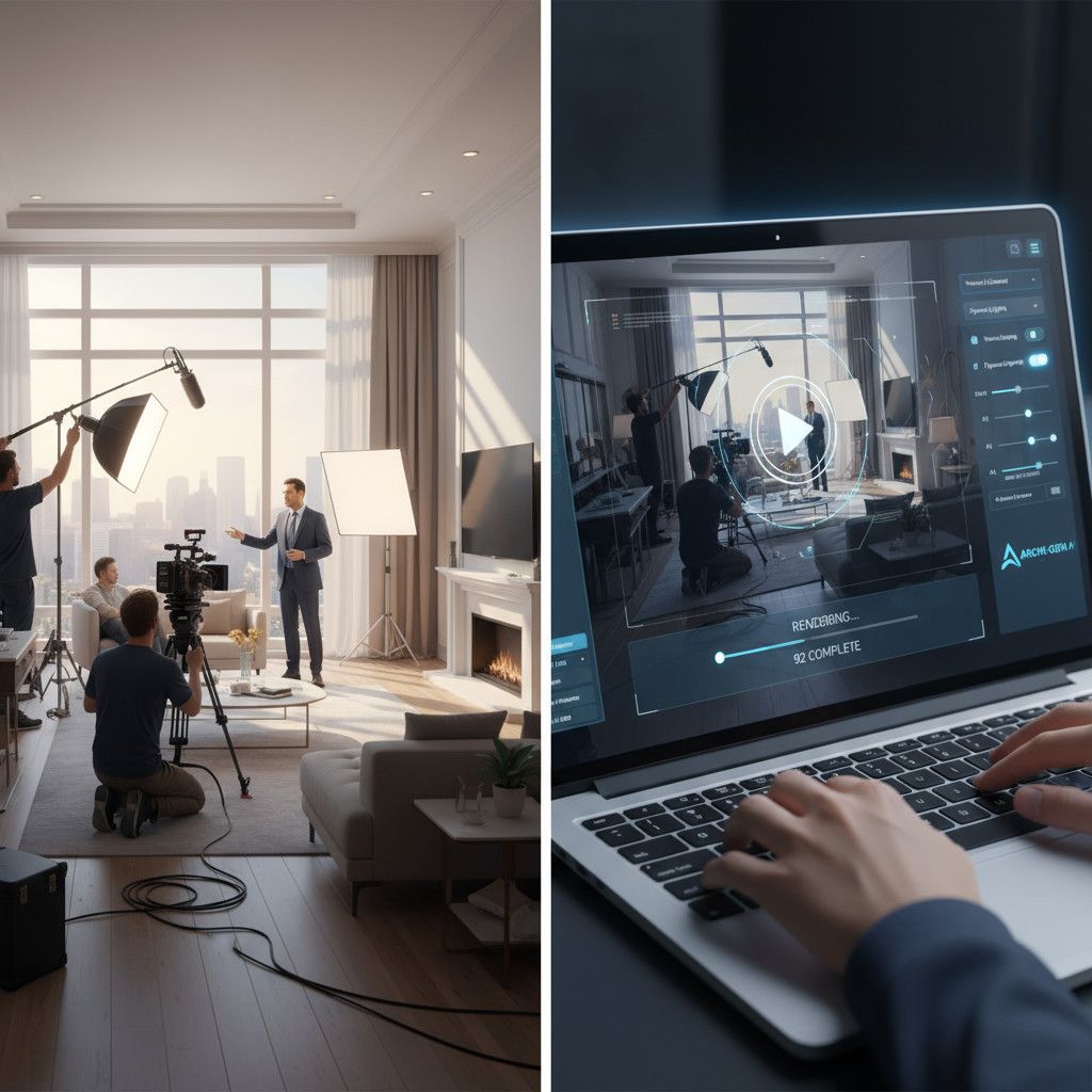 The left side shows a live-action real estate video shoot with a professional camera crew, bright studio lights, and a home interior as the filming set.

The right side displays a modern laptop screen featuring an AI video rendering tool’s interface, with previews of a property walkthrough being created digitally from uploaded media.
Both scenes highlight the contrast in process—manual filming with equipment versus streamlined, computer-based AI video production.