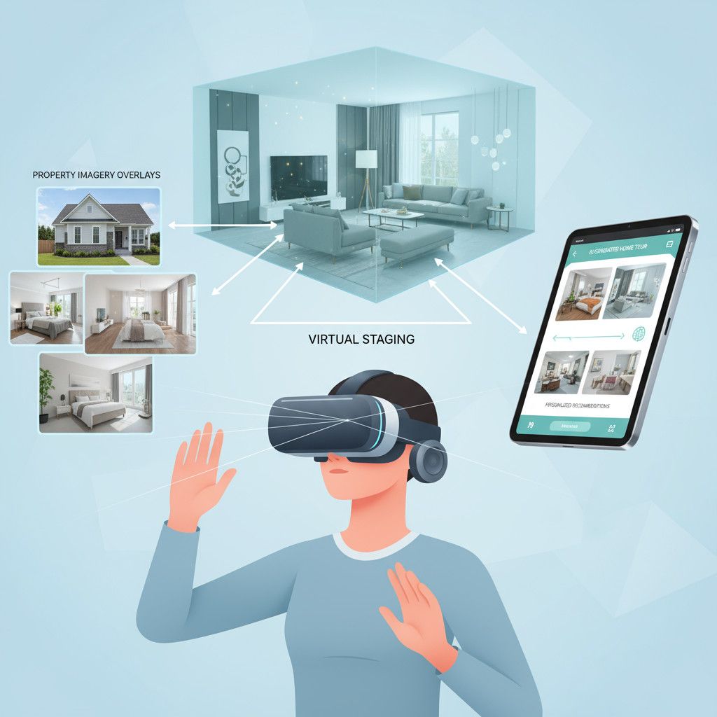 A diagram illustrating the future of AI-powered real estate technology featuring three key elements:

On the left, a person wearing a VR headset experiencing an immersive virtual property tour with floating interface elements.

In the center, virtual staging visualization showing AI-generated furniture and decor overlays in an empty room space.

On the right, a modern tablet displaying a personalized AI-generated home tour interface with customized property recommendations and interactive floor plan navigation.
The diagram demonstrates how VR/AR headsets, virtual staging, and personalized AI tours are transforming the real estate viewing experience from traditional methods to immersive, technology-driven solutions.