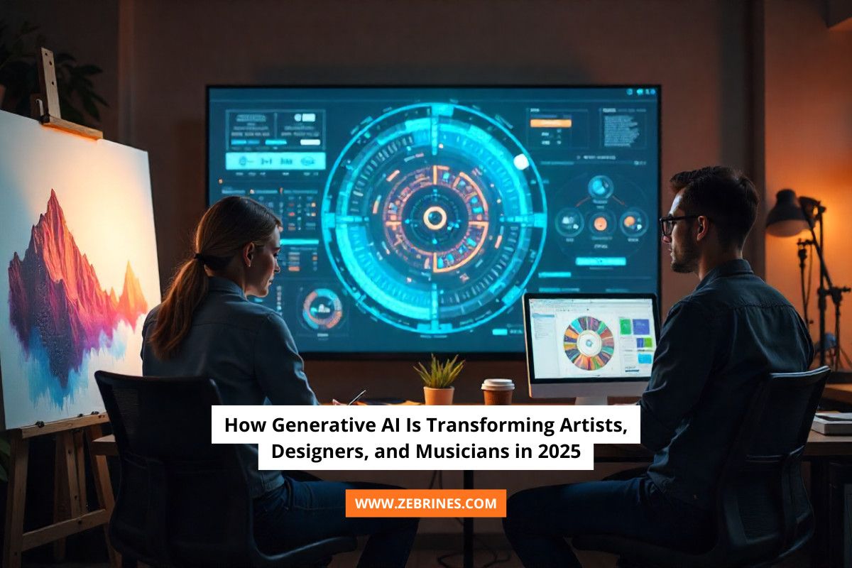 A woman and a man collaborate in a modern creative studio with a digital dashboard displaying futuristic data visualizations. The woman is drawing in front of an AI-generated art painting, while the man works on a laptop showing a colorful data wheel. The scene highlights the integration of generative AI in art and design, with the text: “How Generative AI Is Transforming Artists, Designers, and Musicians in 2025” and the website www.zebrines.com.