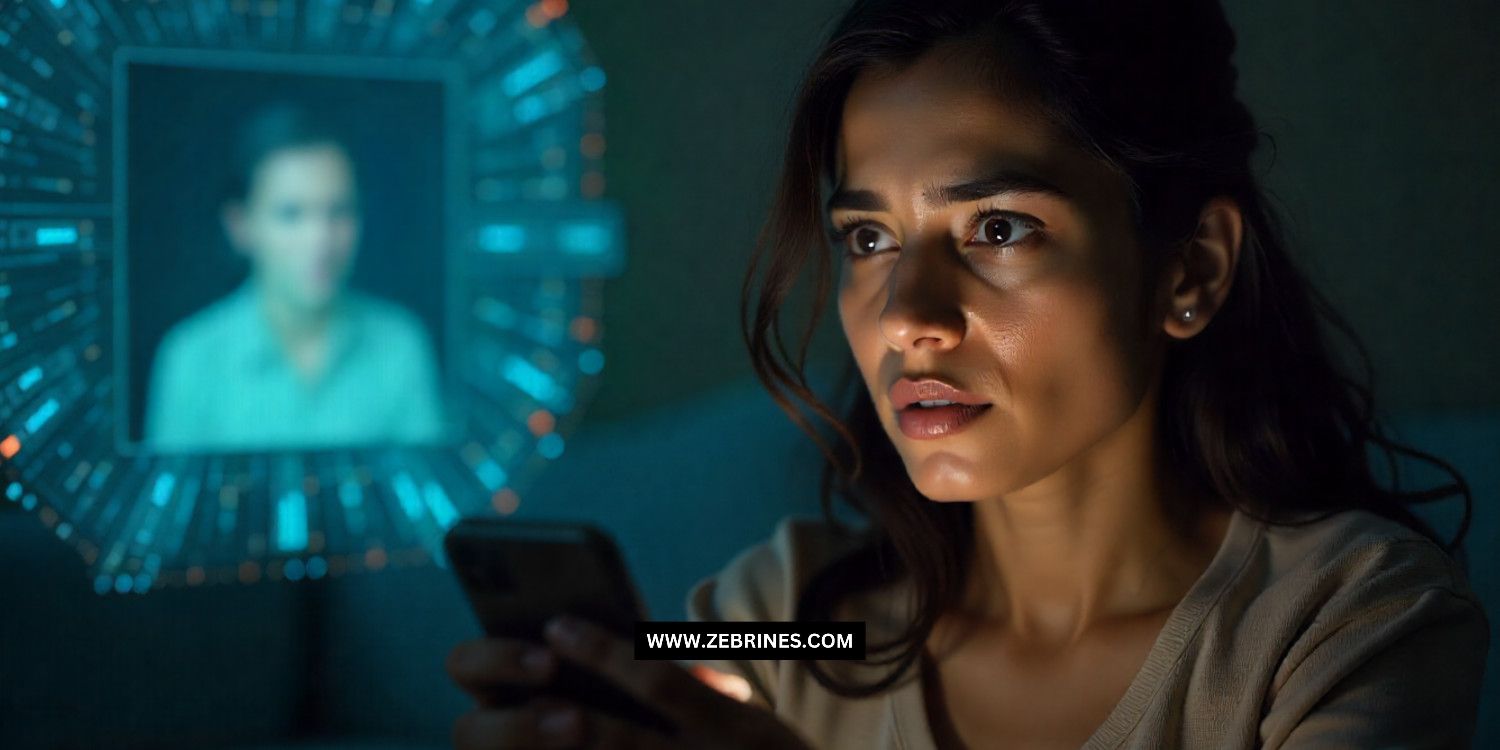 Shocked woman looking at smartphone displaying a deepfake video of Nirmala Sitharaman and Sudha Murty, representing AI-generated investment scam in India.